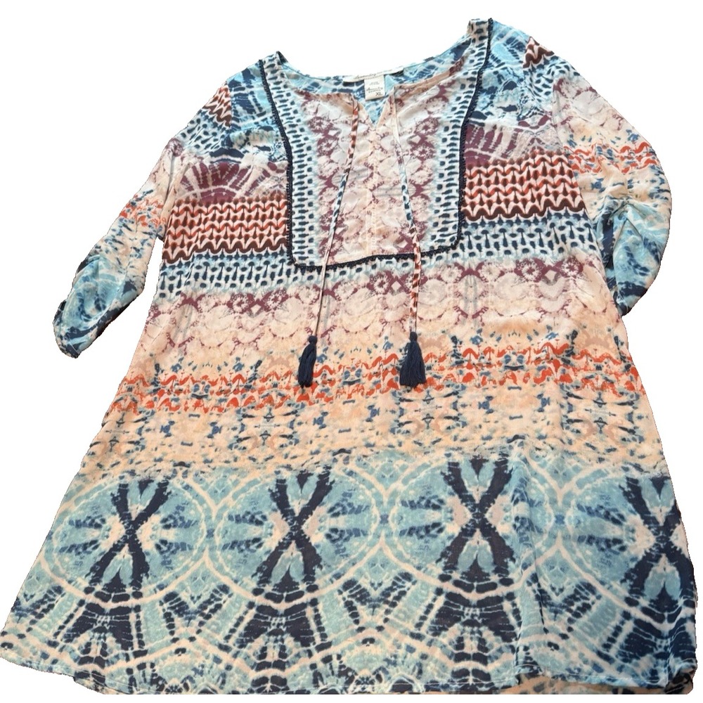 American Rag Aqua Patchwork Long Tassel Suit Cover Up Light Sheer Boho Size XL